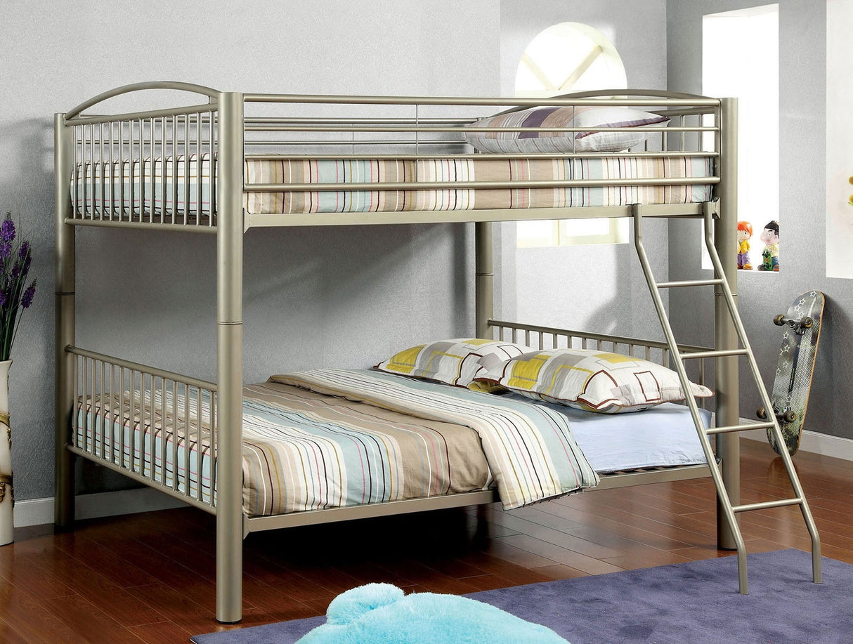 Metallic Gold Finish Contemporary Style Full Over Full Bunk Bed Full Metal Structure Movable Ladder Top Bed Rails Convert Into Two Separate Bed - sold by Home Elegance USA