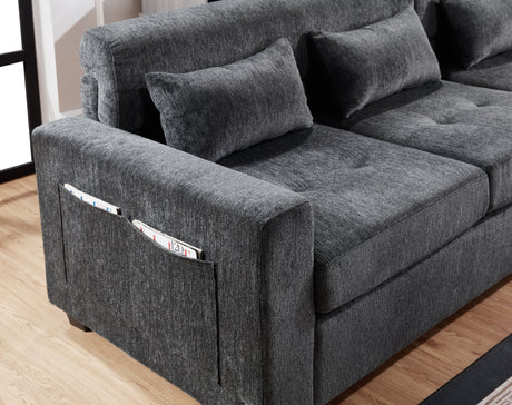 Trey 115'W Gray Chenille Sectional Sofa with Adjustable Backrest, Charging Ports, Pockets, Tufting, Storage Ottoman, Throw Pillows - sold by Home Elegance USA