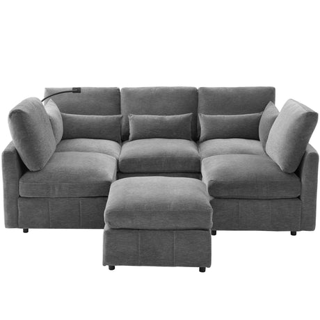 Modern Sectional Sofa Modular Sofa with Movable Ottoman, USB Ports & Phone Holder, Grey Chenille, 85.4' - sold by Home Elegance USA