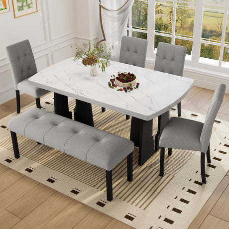 6 Piece Modern Dining Table Set, 63' Faux Marble Dining Table with Geometric Legs & 4 Upholstered Chairs & 1 Bench, Suitable for Dining Kitchen Room,Easy to Assemble, White+Gray - sold by Home Elegance USA