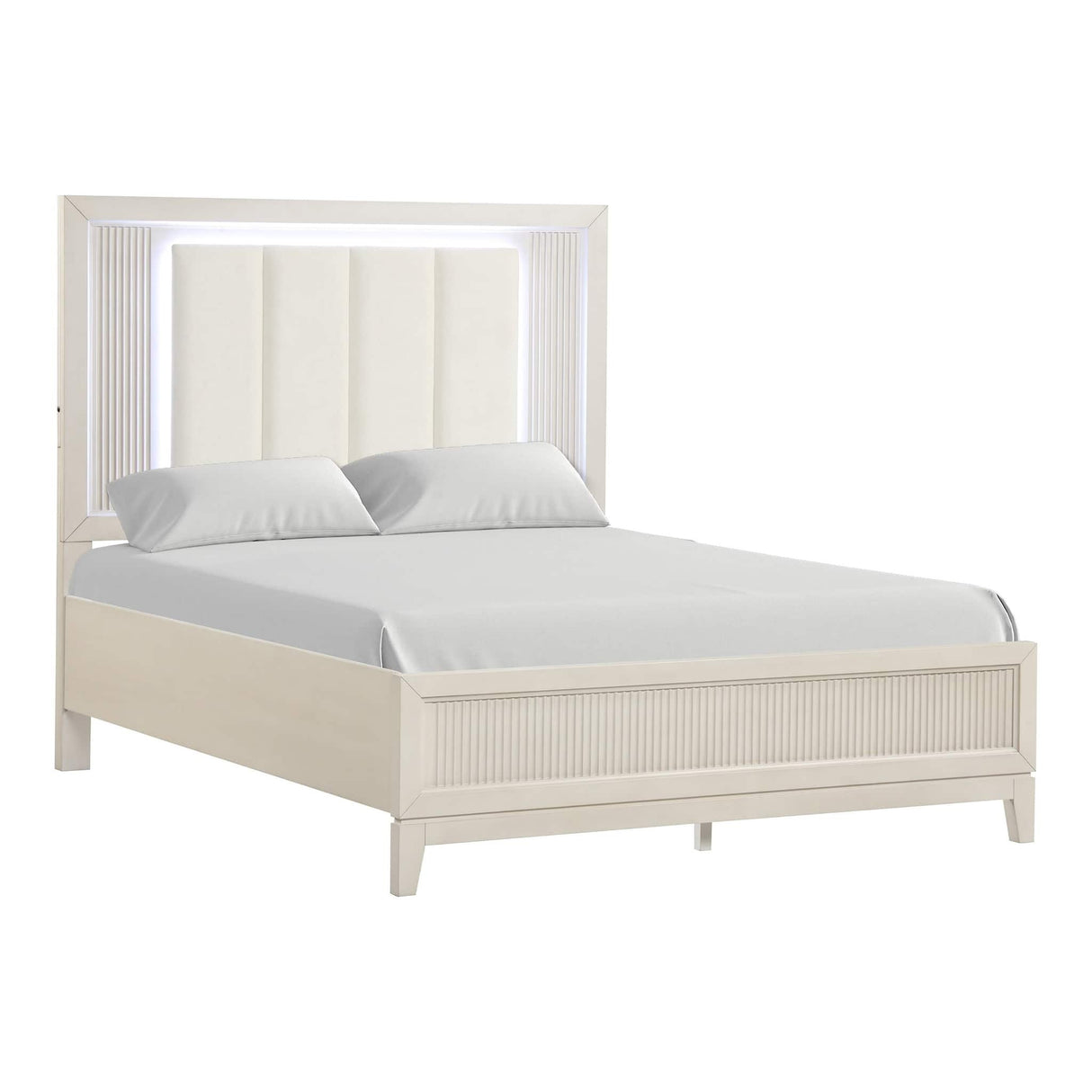 Contemporary 1pc King Size Bed LED Headboard Accent Fluted Design FB Bedroom Furniture Antique White
