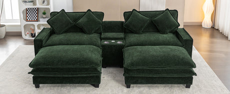 Chenille Upholstered 111' Sectional Sofa with Two Removable Ottomans, USB Ports, Cup Holders, and Storage, Green - sold by Home Elegance USA