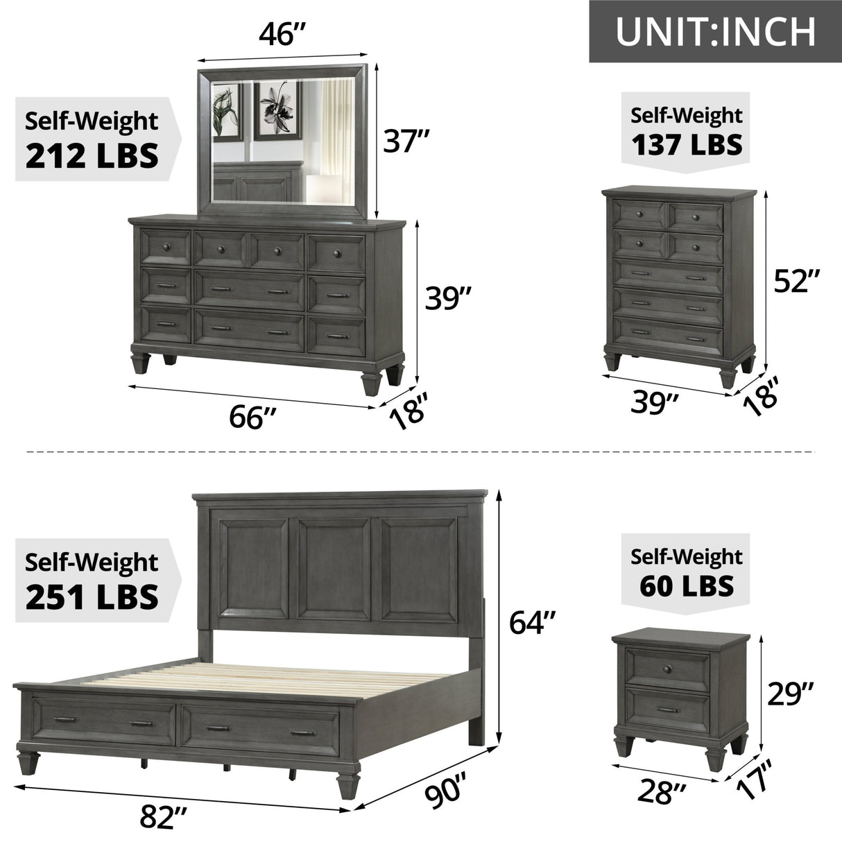 6 Piece Bedroom Sets, King Size Wood Bedroom Furniture Sets with King Size Bed, 2 Nightstands, Chest, Dresser and Mirror, Platform Bed Frame with 2 Drawers for Adults, Gray | Home Elegance USA