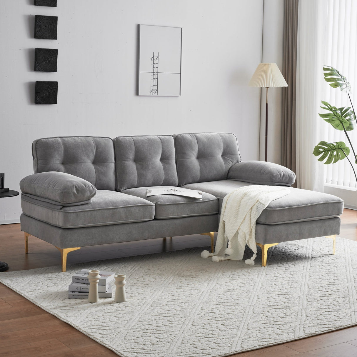 83" Modern Sectional Sofas Couches Velvet L Shaped Couches for Living Room, Bedroom, Light Grey - SG000980AAE - image - 7