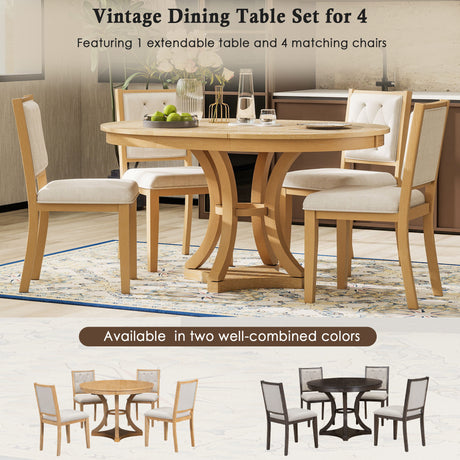 TREXM 5-Piece Retro Functional Dining Table Set Extendable Round Table and 4 Upholstered Chairs for Dining Room and Living Room (Natural) - sold by Home Elegance USA