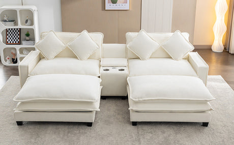 Chenille Upholstered Sectional Sofa with Removable Ottoman, USB Ports, Cup Holders, and Storage, Beige, 111' - sold by Home Elegance USA