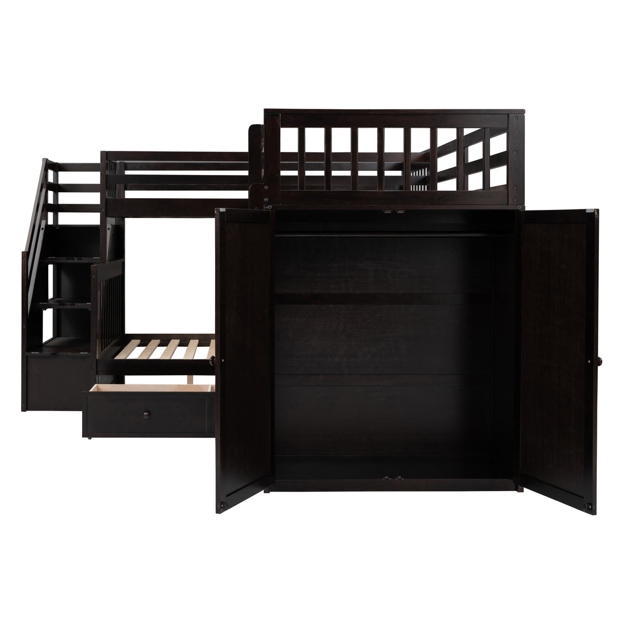 Twin-Twin over Full L-Shaped Bunk Bed With 3 Drawers, Portable Desk and Wardrobe, Espresso - Home Elegance USA