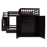 Twin-Twin over Full L-Shaped Bunk Bed With 3 Drawers, Portable Desk and Wardrobe, Espresso - Home Elegance USA