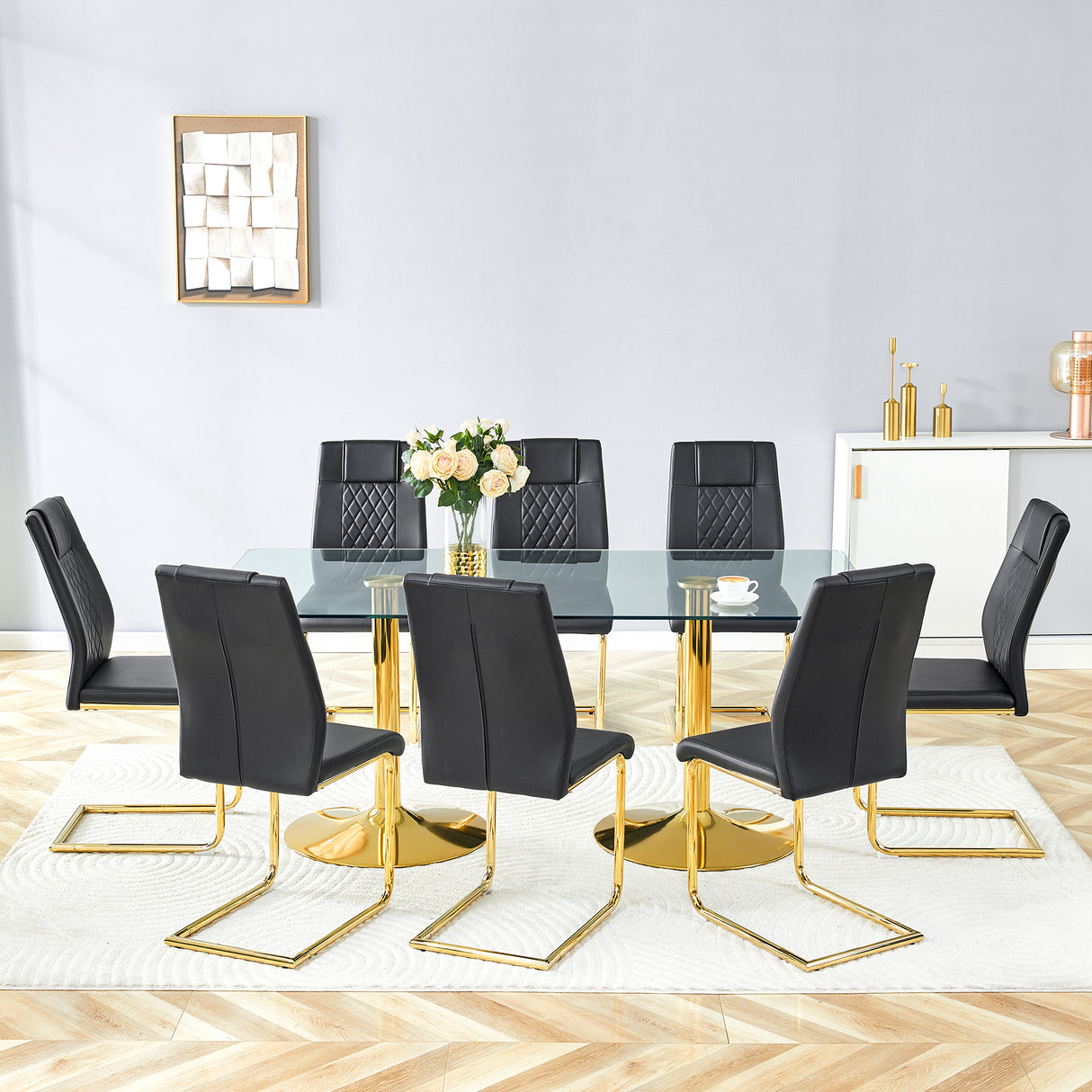 Table and chair set. 71 inch x 35.4-inch tempered glass table,Black High-quality PU Chairs With Golden Arched Metal Legs, Modern Table & 8 Seater Dining Room Furniture Set for Family Gatherings.