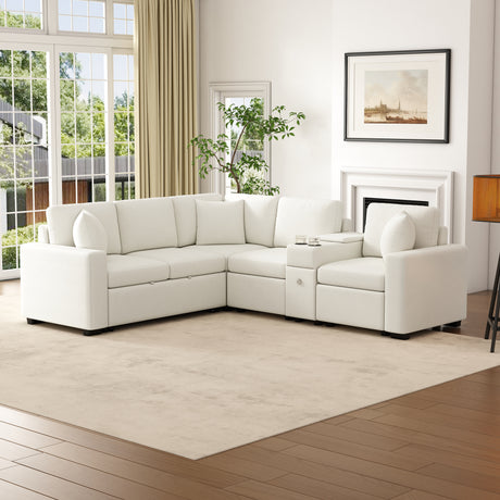 120.5' L-shaped Convertible Sofa Bed Modular Sectional Sofa Reversible Sleeper with Pull-Out Bed, Cup Holders, and Ample Storage Space for Living Room(Old SKU:N719S001940K), White - sold by Home Elegance USA
