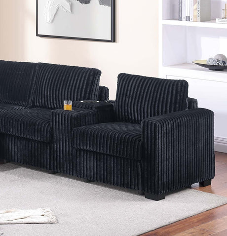 Modern Style L-Shape 4pc Sectional Set Reversible Loveseat USB Ports Cup Holder Armless Chair Plastic Legs Corduroy Upholstered Black Finish Primary Living Room - sold by Home Elegance USA