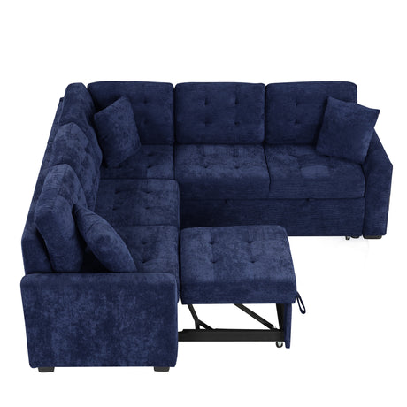 Navy Blue L-shape Sofa Bed with Pull-out Sleeper, USB Ports, Power Sockets, Corded Velveteen, 82.6' - sold by Home Elegance USA