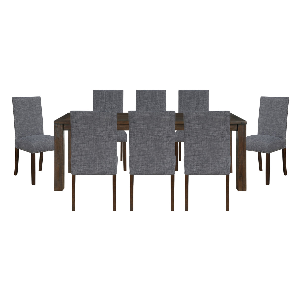 Classic 9pc Dining Set Dark Brown Finish Table and 8x Side Chairs Comfort Upholstery Gray Dining Kitchen Furniture