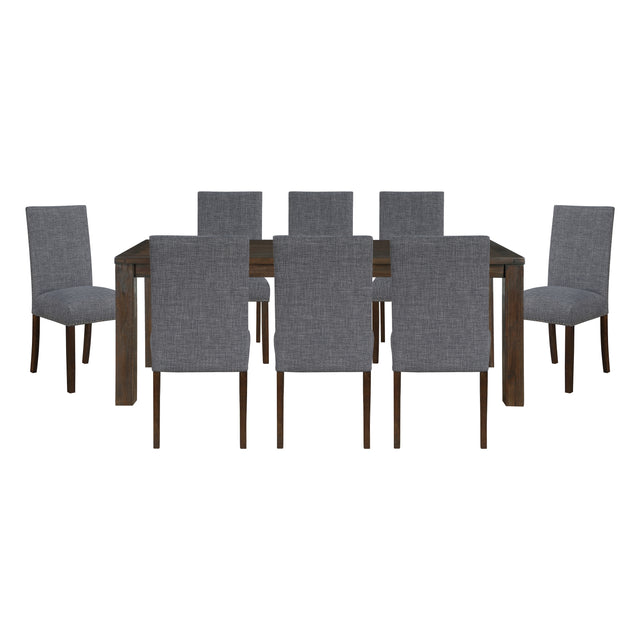 Classic 9pc Dining Set Dark Brown Finish Table and 8x Side Chairs Comfort Upholstery Gray Dining Kitchen Furniture
