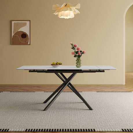 Modern Retractable Sintered Stone Dining Table Set with Black Carbon Steel Legs, Includes 8 Chairs - sold by Home Elegance USA