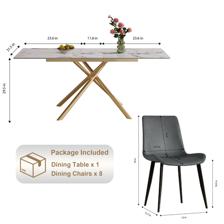 Modern 59-inch Expandable Dining Table with Retractable Leaf, Charred Stone Top & Golden Carbon Steel X-Base, 4-8 Person Set with 8 Gray PU Chairs for Small Apartments, Kitchen - sold by Home Elegance USA