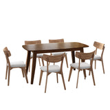 7-Piece Mid-Century Dining Set with Walnut Finished Frame, Upholstered Dining Chairs,Light Beige Chairs and Walnut Wood Table