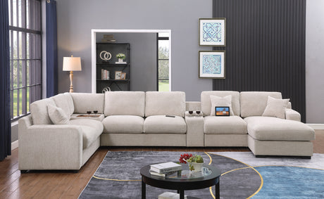 Celine 141.5' Beige Chenille Fabric Corner Sectional Sofa with Right-Facing Chaise, Cupholders, and Charging Ports - sold by Home Elegance USA