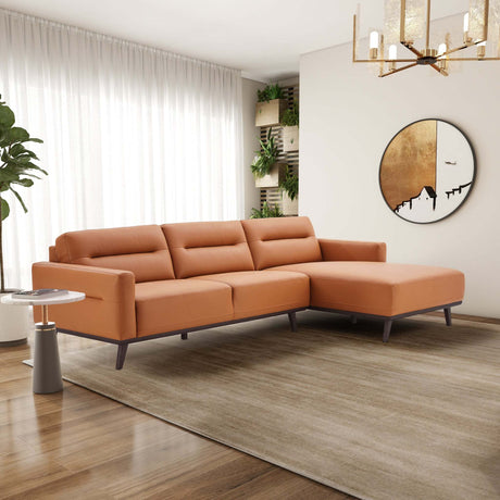 Ella Mid Century Modern L-Shaped Sectional Couch with Cognac Vegan Leather and Solid Wood Frame - sold by Home Elegance USA