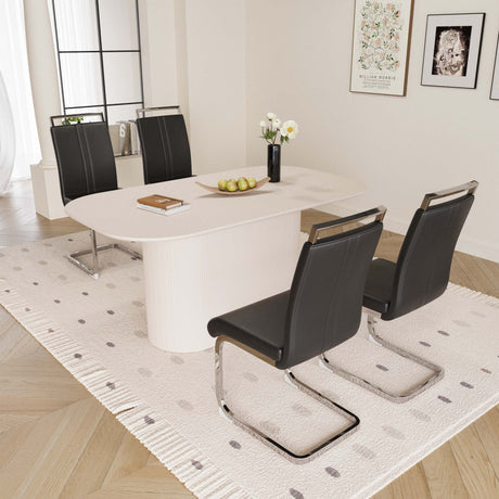 63 'medieval modern cream style MDF dining table and PU armless dining chair set 4. Assemble Desktop and Silver plated metal leg dining chair set, suitable for home&kitchen - sold by Home Elegance USA