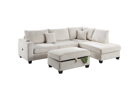 Ivory Color 3pc Sectional Set Corduroy Upholstered LAF Sofa RAF Chaise Ottoman L-Sectional Living Room Furniture - sold by Home Elegance USA