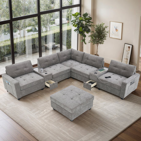 Modern Chenille U-Shaped Sectional Sofa with Acrylic Table Top, USB Charger, Storage Drawers, and Movable Ottoman in Gray - sold by Home Elegance USA