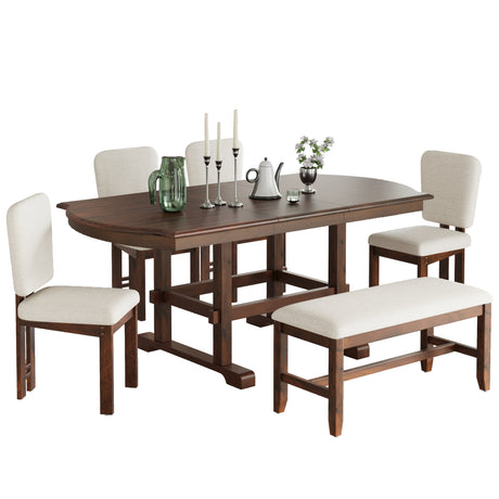 TOPMAX 6 Pieces 78inch Extendable Wood Dining Table Set with Bench, Traditional Kitchen Table Set with 18inch Removable Leaf and 4 Upholstered Dining Chairs, Espresso+Beige - sold by Home Elegance USA
