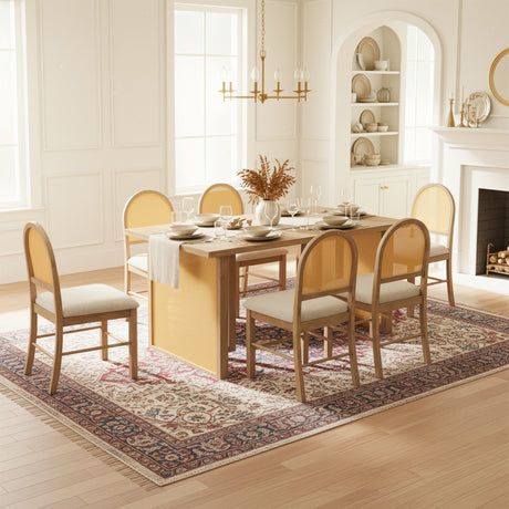 TREXM 7-Piece Farmhouse Dining Table Set for 6 - 59.8' Rectangular Dining Table with Distressed Oak Veneer and 6 Rattan Chairs, Rustic Kitchen Furniture for Dining Room(Natural) - sold by Home Elegance USA