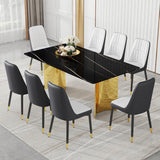 Table and chair set.The table has a glass top with imitation marble pattern stickers and stainless steel golden legs. Paried with 8 White and Dark Gray Spliced Color PU Dining Chairs.W1151S01559
