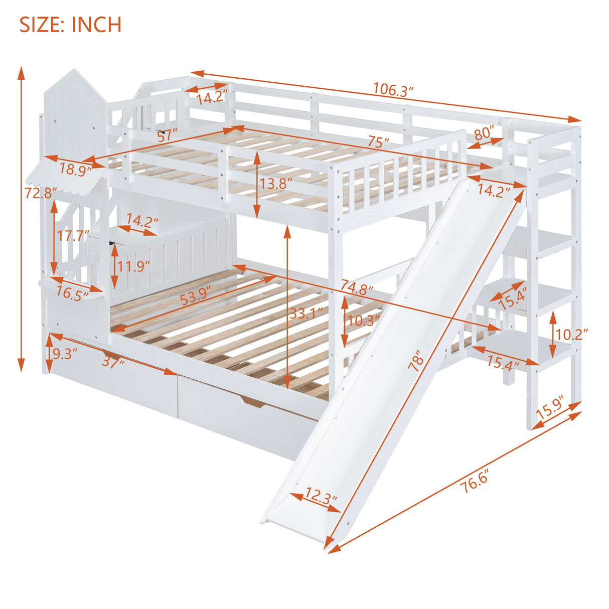 Full-Over-Full Castle Style Bunk Bed with 2 Drawers 3 Shelves and Slide - White - Home Elegance USA