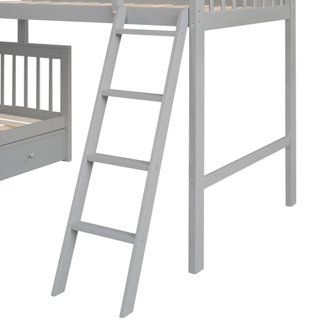 Twin over Full L-Shaped Bunk Bed With 3 Drawers, Ladder and Staircase - Gray - sold by Home Elegance USA