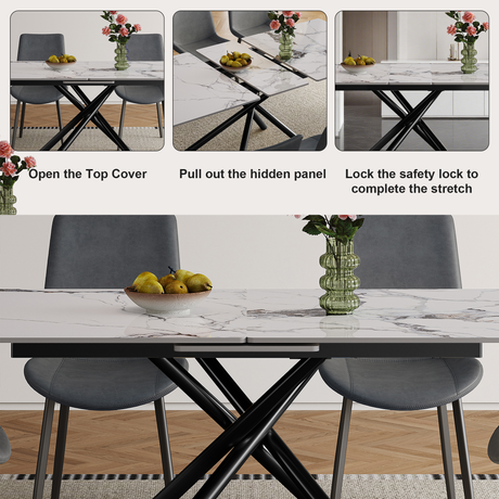 Modern 59-inch Expandable Dining Table with Retractable Leaf, Charred Stone Top & Black Carbon Steel X-Base, 4-8 Person Set with 8 Gray PU Chairs for Small Apartments, Kitchen - sold by Home Elegance USA