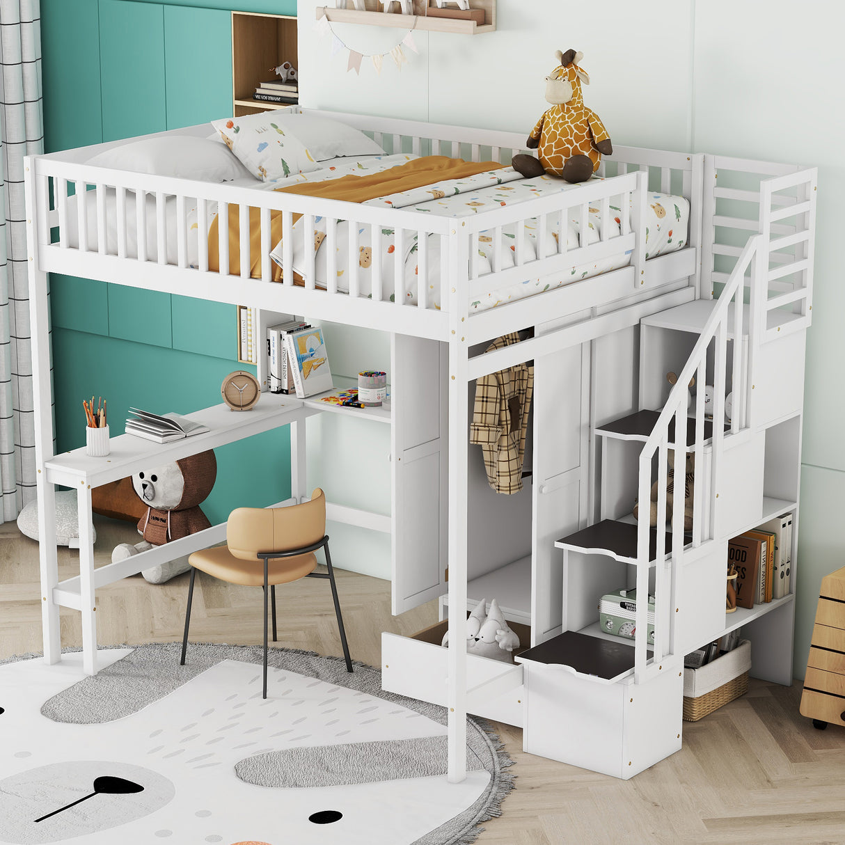 Full size Loft Bed with Bookshelf,Drawers,Desk,and Wardrobe-White - Home Elegance USA