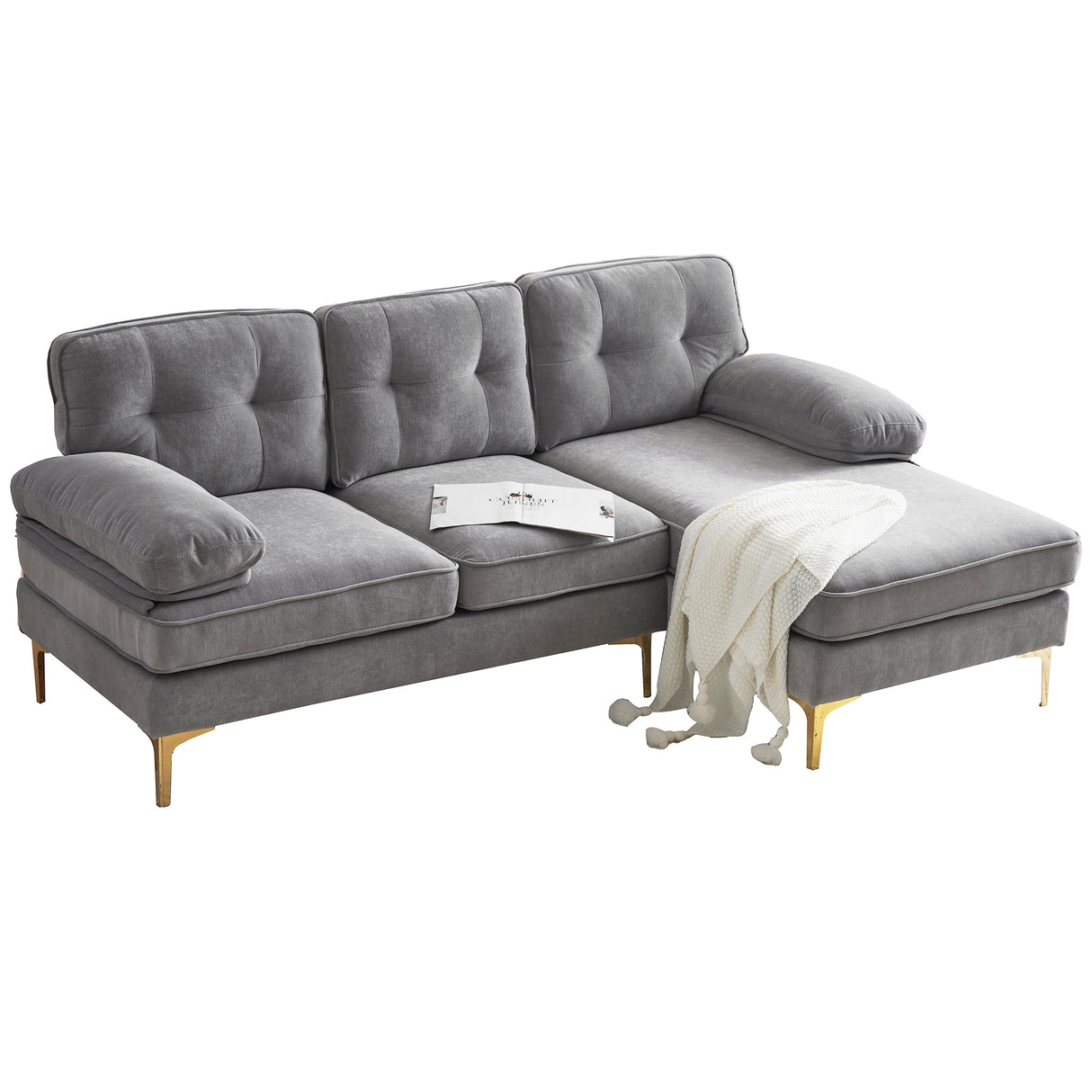 83" Modern Sectional Sofas Couches Velvet L Shaped Couches for Living Room, Bedroom, Light Grey - SG000980AAE - image - 12