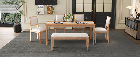 TREXM Vintage Extendable Dining Table Set for 6 with 4 Chairs & Bench, 59 to 72-Inch Rustic Farmhouse Kitchen Table Set with Distressed Finish and Retro Carved Legs (Natural Wood Wash) - sold by Home Elegance USA