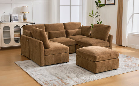 Modern Sectional Sofa Modular Sofa 85.4' U-shaped Sofa Couch with Movable Ottoman, USB Ports, Phone Holder, Brown Chenille - sold by Home Elegance USA