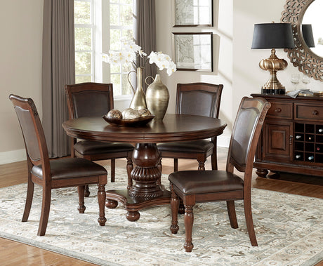 Elegant Design 5pc Dining Set Brown Cherry Finish Pedestal Base Table and 4x Side Chairs Faux Leather Upholstered Traditional Dining Room Furniture - sold by Home Elegance USA