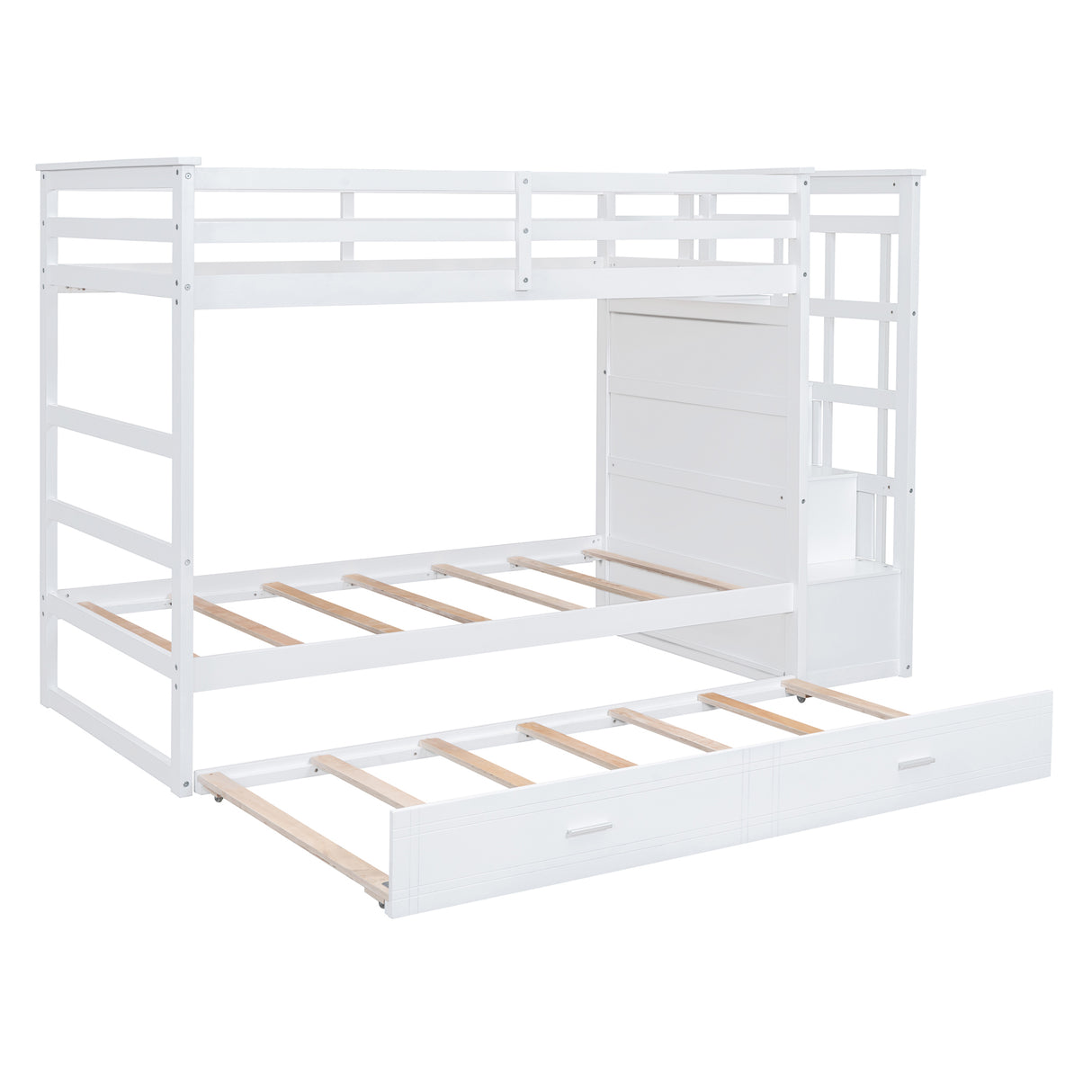 Twin Over Twin Bunk Bed with Trundle and Staircase,White(OLD SKU:LT000068AAK) - Home Elegance USA