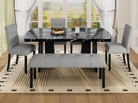 6 Piece Modern Dining Table Set, 63' Faux Marble Dining Table with Geometric Legs & 4 Upholstered Chairs & 1 Bench, Suitable for Dining Kitchen Room,Easy to Assemble, Black + Gray - sold by Home Elegance USA