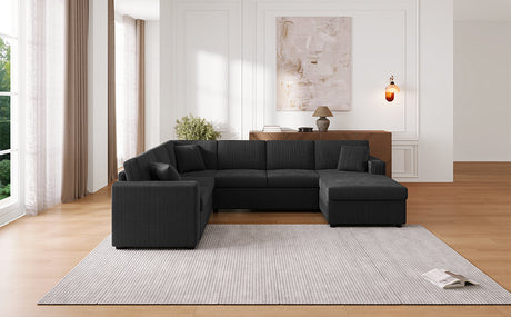 Oversized Sectional Sofa 115.3' U-Shaped Sofa with Chaise Lounge and Three Soft Throw Pillows, Black Corduroy Fabric - sold by Home Elegance USA