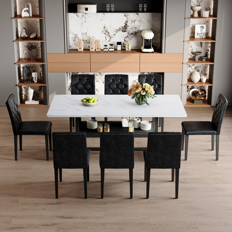 Table and chair set.71*35.4 inch White Grain Spliced Dining Table With Storage Function In The Middle Of The Table Legs.Paired with 8 black PU dining chairs with ergonomic buckle backrest. - sold by Home Elegance USA