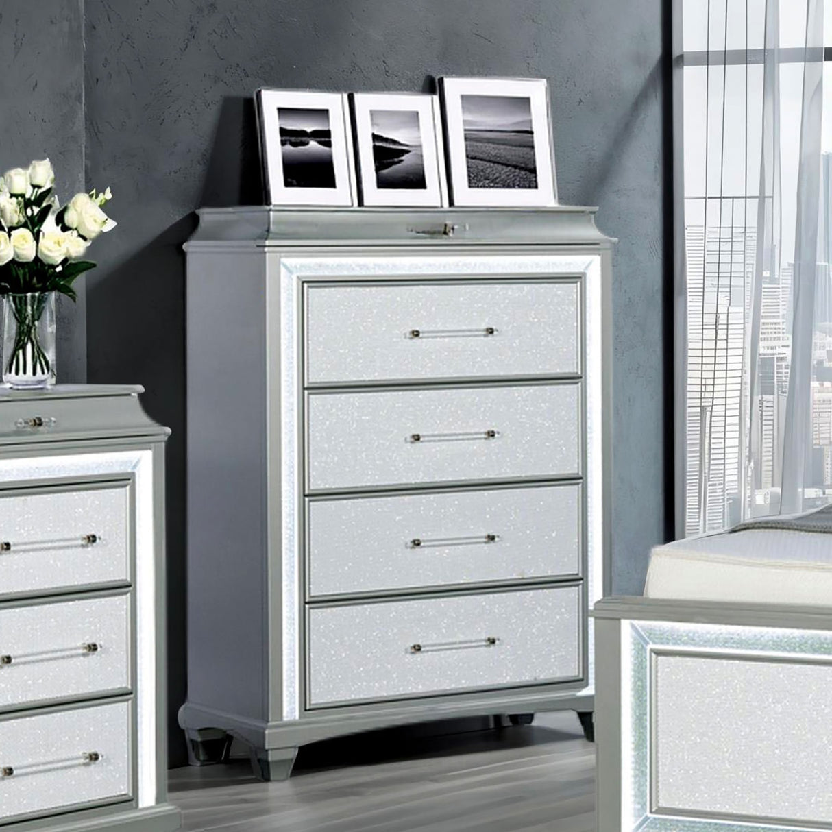 Glamour Style 1pc Chest Faux Crystal Trim LED Acrylic Handles Ball Bearing Glides Gray Finish Bedroom Furniture