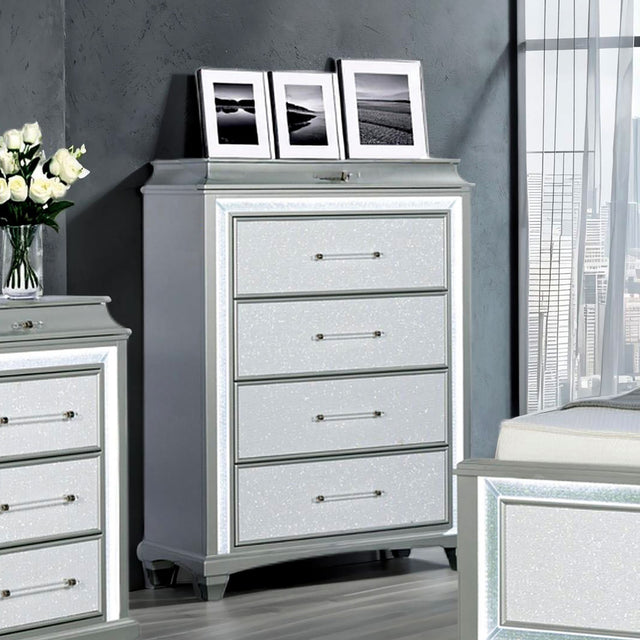 Glamour Style 1pc Chest Faux Crystal Trim LED Acrylic Handles Ball Bearing Glides Gray Finish Bedroom Furniture