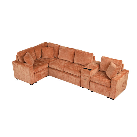 120.5' L-shaped Convertible Sofa Bed Modular Sectional Sofa Reversible Sleeper with Pull-Out Bed, Cup Holders, and Ample Storage Space for Living Room(Old SKU:N719S001940G), Orange - sold by Home Elegance USA