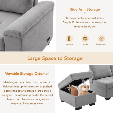 Sleeper Sectional Sofa, L-Shape Corner Couch Sofa-Bed with Storage Ottoman & Hidden Arm Storage & USB Charge  for Living Room Apartment, Gray - sold by Home Elegance USA