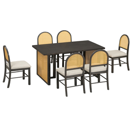 TREXM 7-Piece Farmhouse Dining Table Set for 6 - 59.8' Rectangular Dining Table with Distressed Oak Veneer and 6 Rattan Chairs, Rustic Kitchen Furniture for Dining Room(Espresso) - sold by Home Elegance USA
