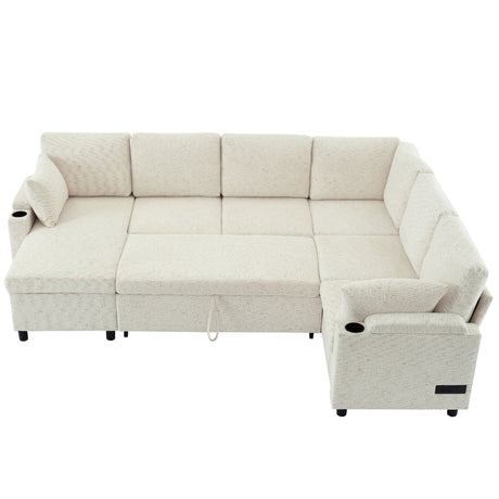 Convertible U-Shaped Sofa Bed with Storage, Cup Holders and Charging Ports, Beige Chenille, 109.9' - sold by Home Elegance USA