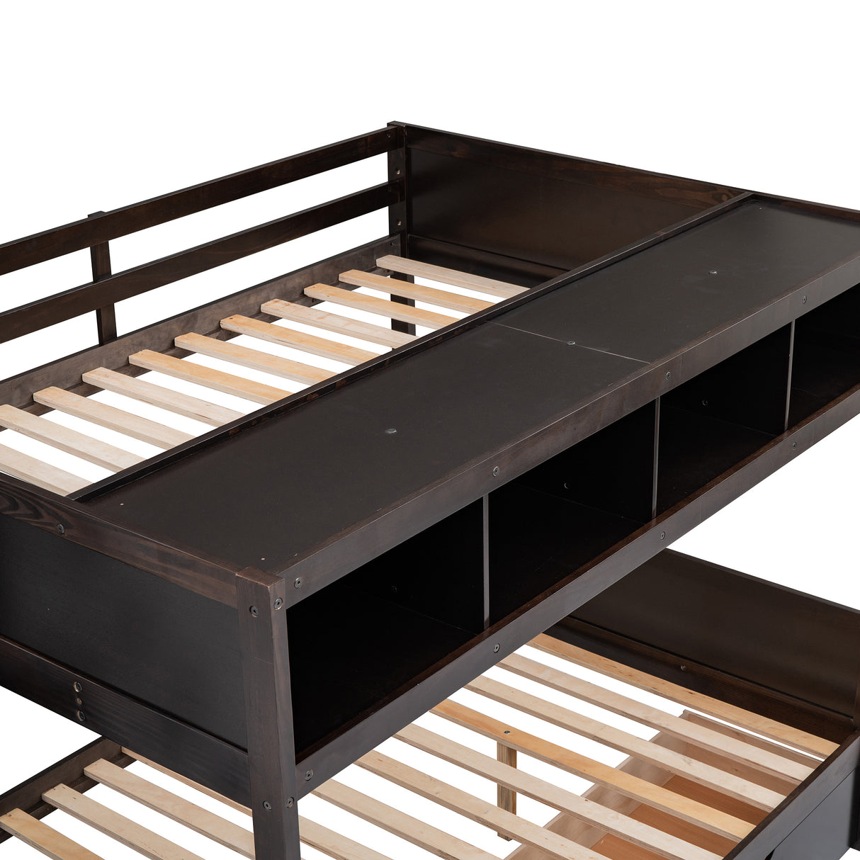 Twin over Full Bunk Bed with Shelfs, Storage Staircase and 2 Drawers, Espresso - Home Elegance USA