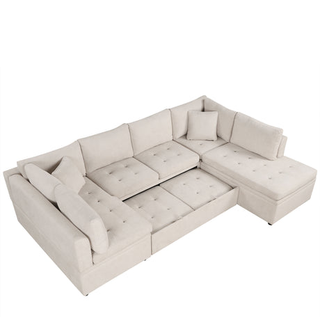 Oversized U-Shaped Sectional Sofa Couch with Pull-out Bed, Beige Chenille, 117.3' - sold by Home Elegance USA