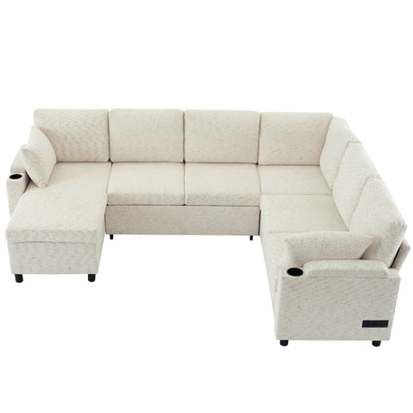 Convertible U-Shaped Sofa Bed with Storage, Cup Holders and Charging Ports, Beige Chenille, 109.9' - sold by Home Elegance USA